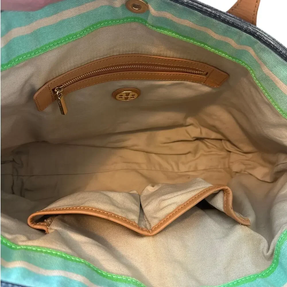 Tory Burch Stacked T Striped‎ Canvas Tote Bag